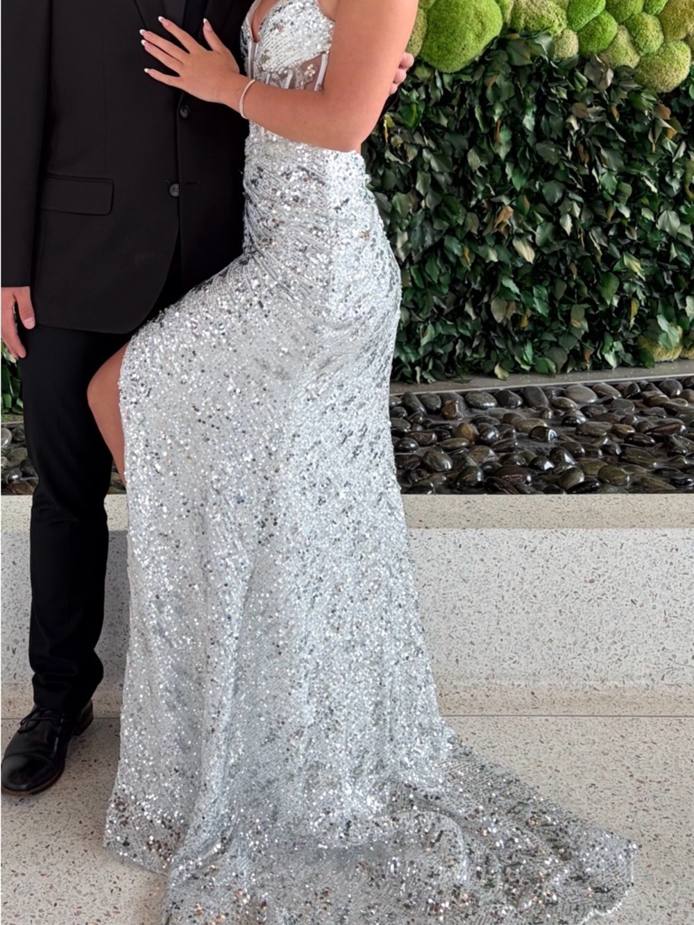 Sherri Hill Silver Sequin Spaghetti-Strap Prom Gown with Sheer Corset - Picture 2 of 3